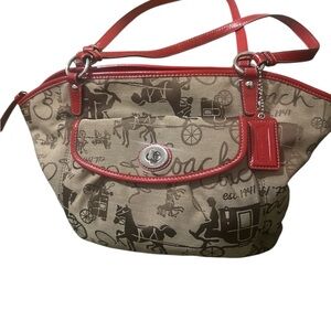 COACH Horse & Carriage Fabric w/red leather shoulder bag —F14665 - EUC